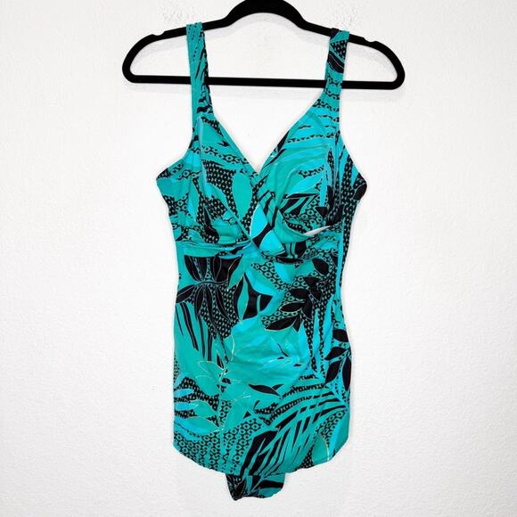 Miraclesuit Surplice Faux Two Piece Leaf Metallic Slimming One Piece Swimsuit 12 - Picture 1 of 10